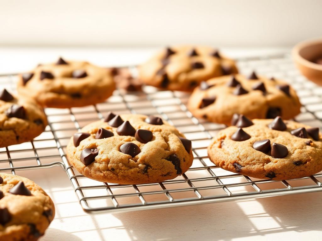 Chocolate chip cookies cooling on a wire rack