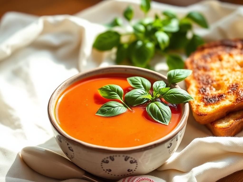Bowl of homemade tomato soup with basil and grilled cheese alongside