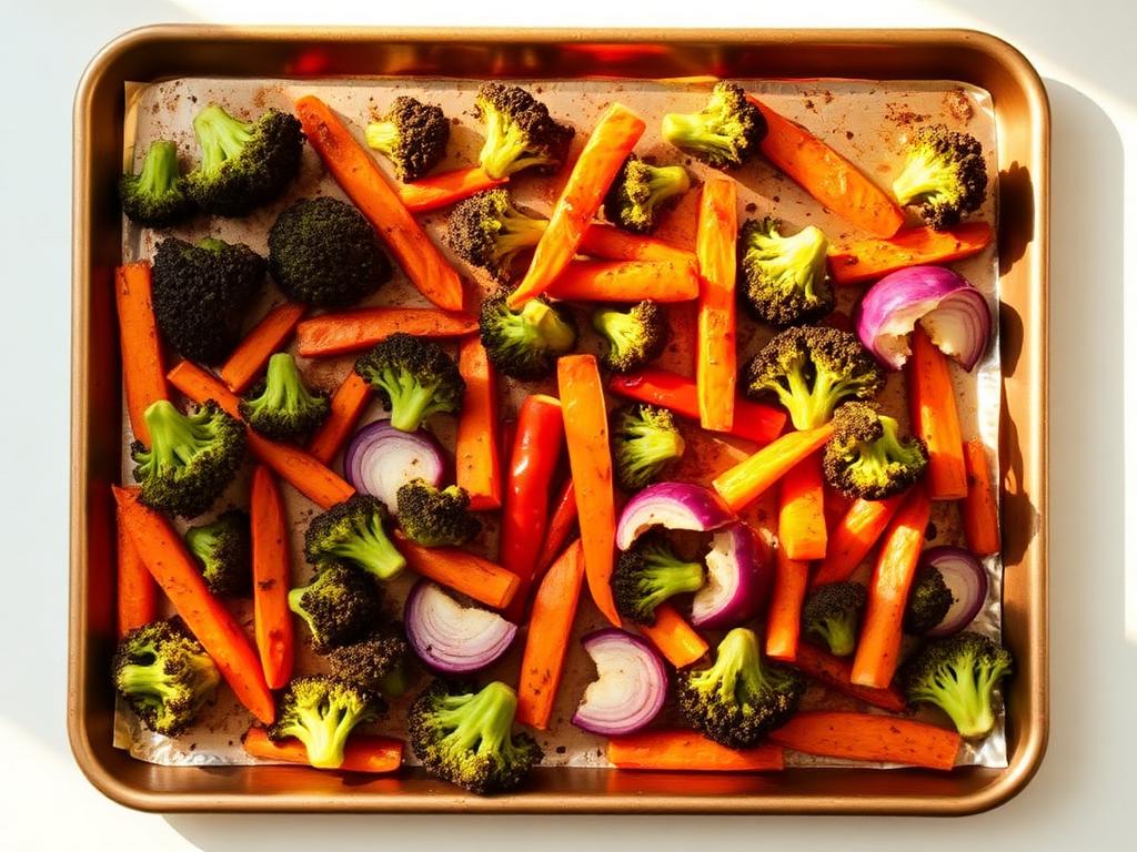 Sheet pan of roasted carrots, broccoli, peppers and red onion
